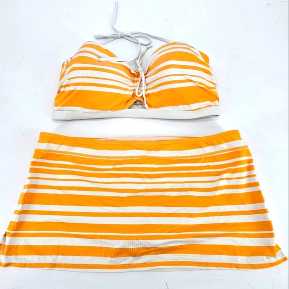Tommy Bahama Orange Stripe Underwire Skirted Bandeau Bikini Set 38dd Xl - Picture 1 of 10